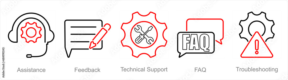 A set of 5 customer service icons as assistance, feedback, technical support A set of 5 customer service icons as assistance, feedback, technical support