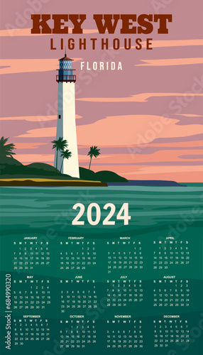 Calendar 2024 Poster Key West Lighthouse Florida Retro