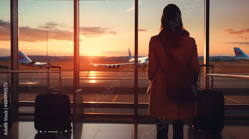 Travel tourist standing with luggage watching sunset at airport window. Unrecognizable woman looking at lounge looking at airplanes while waiting at boarding gate before departure. Tra. generative ai. photo