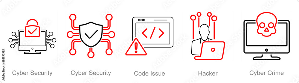 A set of 5 Cyber Security icons as cyber security, code issue, hacker A set of 5 Cyber Security icons as cyber security, code issue, hacker