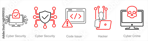 A set of 5 Cyber Security icons as cyber security, code issue, hacker