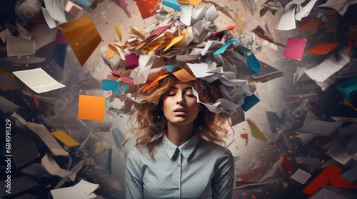 Overwhelmed Woman in a Room Filled with Papers. Acute Stress Disorder from Study or Work Pressure