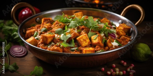 Paneer butter masala or curd and cheese curry, a popular Indian dish. Generative AI photo