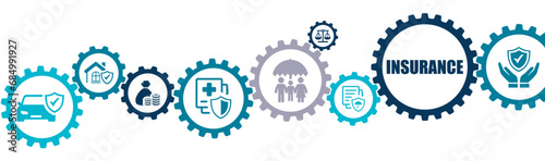 Insurance banner vector illustration with the icons of financial insurance, health insurance, house owner insurance, security, vehicle insurance, insurance payments, law isolated on white background