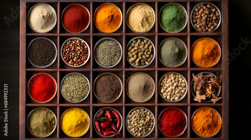 Fototapeta Naklejka Na Ścianę i Meble -  Colorful spice collage background. Assortment of condiments in wooden box top view. generative ai.