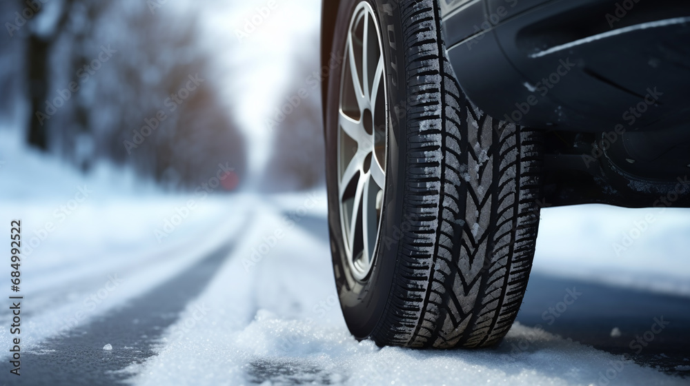 Car with Black rubber tire is on fresh snow. Seasonal tire change, tires tread imprint on winter road