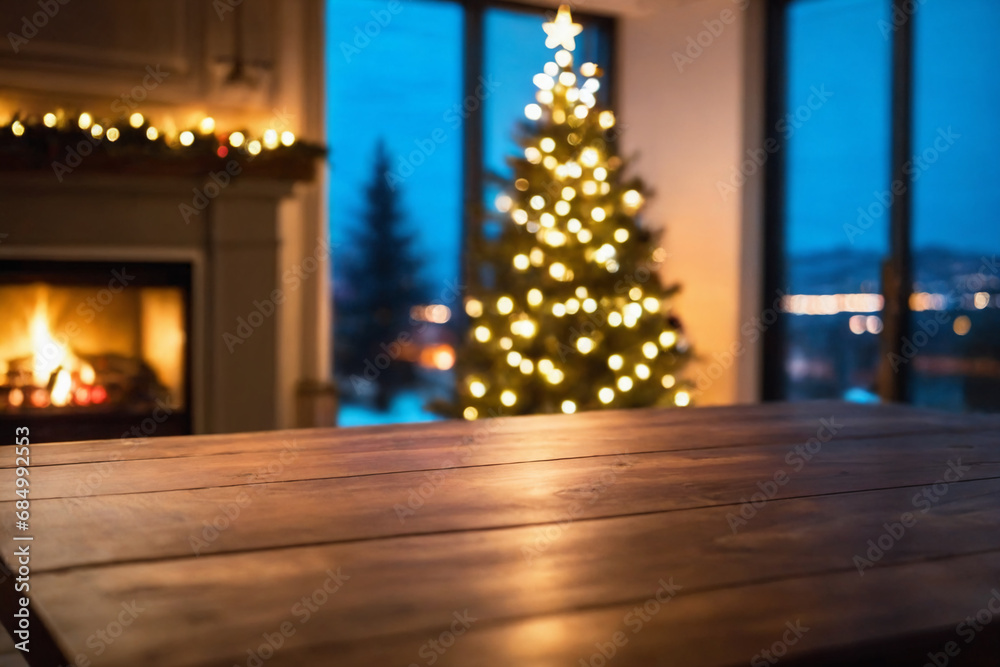 Close-up of an empty wooden table, in the blurred backgrounda a living room with christmas tree and a window Close-up of an empty wooden table, in the blurred backgrounda a living room with christmas tree and a window