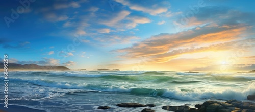 As the sun rises over Africa, the vibrant blue waves of the Atlantic glisten in the morning sunlight, creating a picturesque seascape at Strandfontein with a texture of wind-filtered big panorama