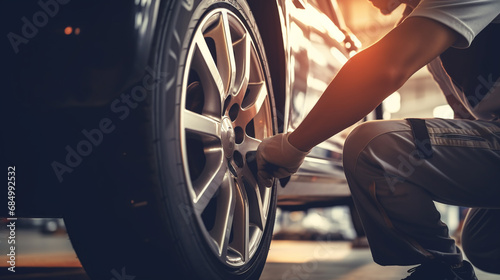 Hands of Car mechanic changing wheel alloy tire. Repair or maintenance auto service. Car auto service