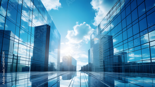 Modern glass buildings skyscraper in financial district of the city over blue sky with clouds background. generative ai.