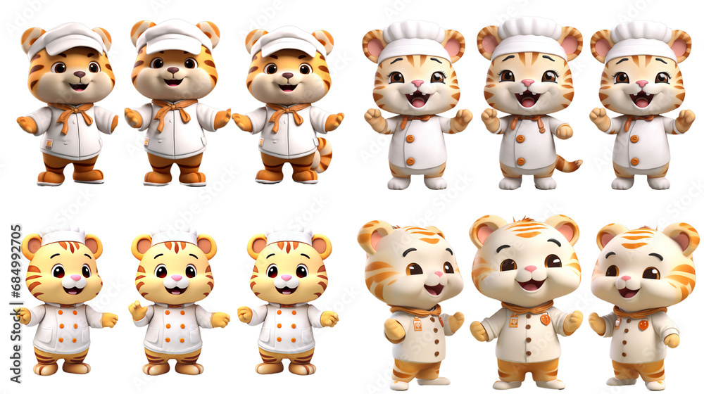 3d illustration collection of a tiger chef with various expression isolated on white background 3d illustration collection of a tiger chef with various expression isolated on white background