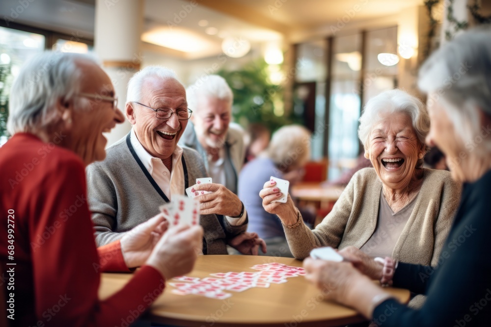 Happy joyful group of seniors playing cards - obrazy, fototapety, plakaty 