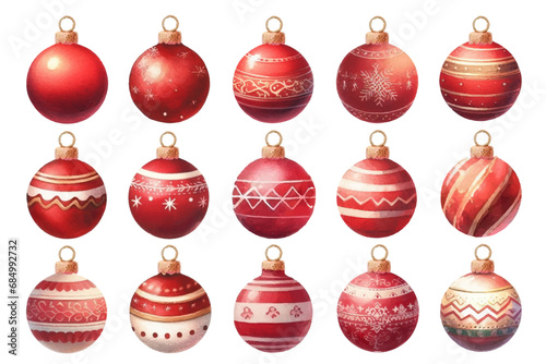 赤いクリスマスオーナメントの水彩イラストの素材セット