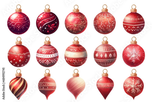 赤いクリスマスオーナメントの水彩イラストの素材セット