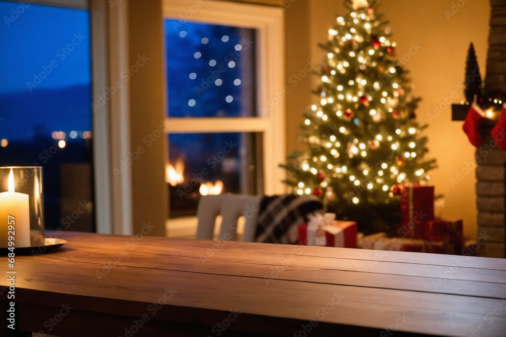 Close-up of an empty wooden table,  in the blurred backgrounda a living room with christmas tree and a window