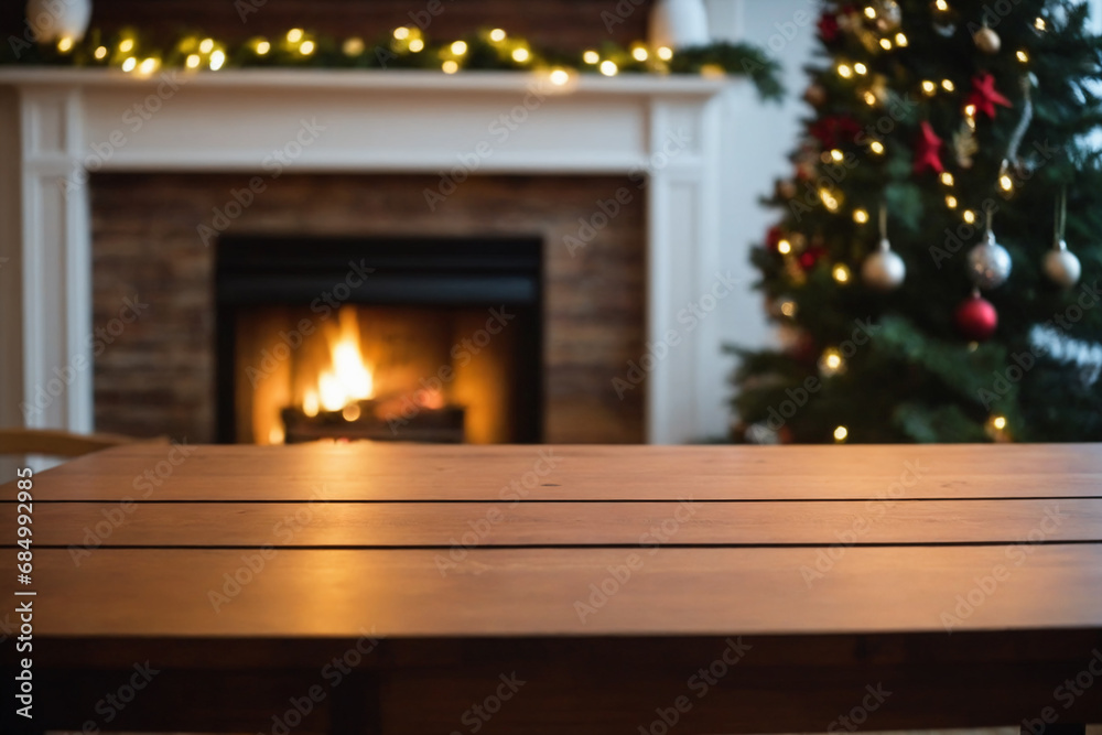 Close-up of an empty wooden table,  in the blurred backgrounda a living room with christmas tree and a window