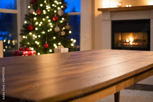 Close-up of an empty wooden table,  in the blurred backgrounda a living room with christmas tree and a window photo