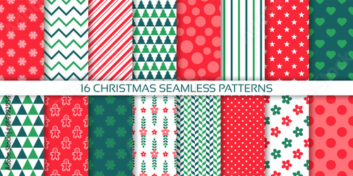 Christmas pattern. Seamless background. Xmas print with tree, candy cane stripe, polka dot, zigzag, star. Collection New year textures. Red green wrapping paper. Vector illustration. Festive backdrops