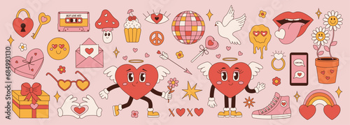 Retro groovy set for Valentines Day. Funny characters in shape of heart, hippie love sticker, trend 60s 70s. Vector cartoon illustration