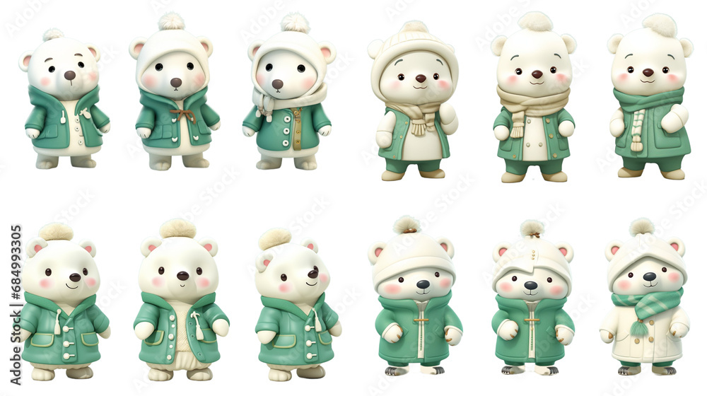 Obraz premium 3d set of white polar bear cartoon character isolated on white background