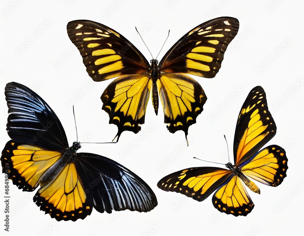 Fototapeta premium This set of three beautiful tropical butterflies Ulysses with wings spread and in flight is isolated on a white background