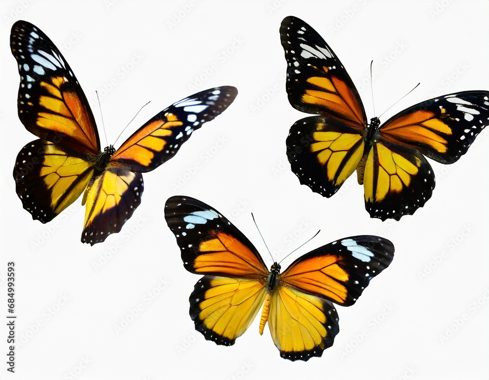 This set of three beautiful tropical butterflies Ulysses with wings spread and in flight is isolated on a white background This set of three beautiful tropical butterflies Ulysses with wings spread and in flight is isolated on a white background
