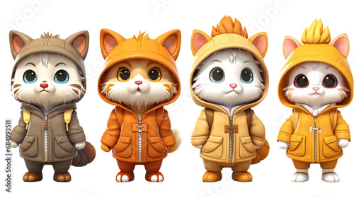 Set of adorable cat in 3d brown hoodie isolated on transparent background. © Dodoodle