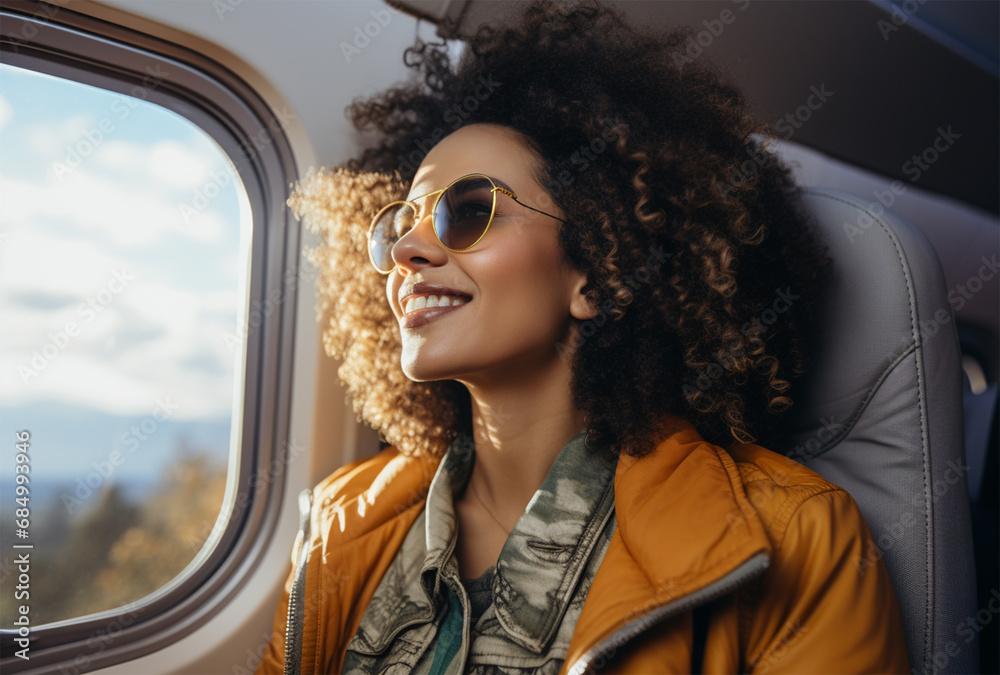 smiling african american woman looking away in airplane