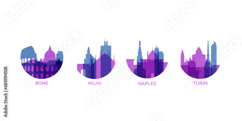 Italy cities logo and icon set. Vector graphic collection for Rome, Milan, Naples, Turin