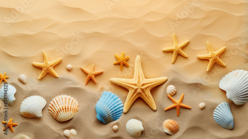 Sea shell and starfish beach sand background with copy space