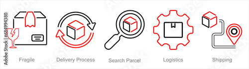 A set of 5 delivery icons as fragile, delivery process, search parcel