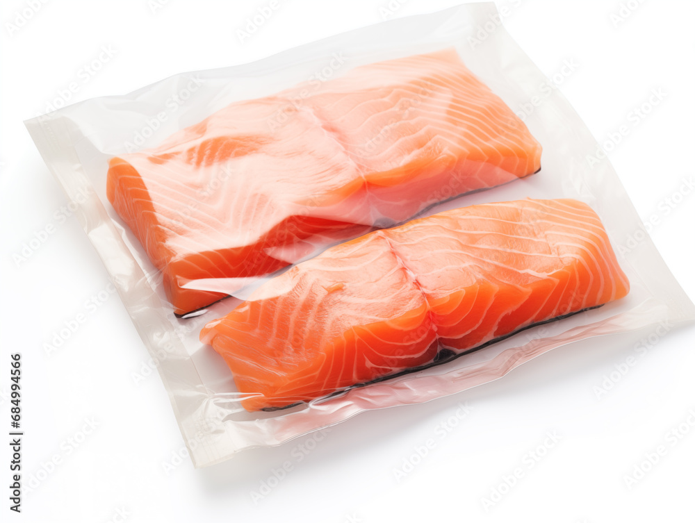 Vacuum packed salmon fillet. Prepared for long term freezing and storage. Isolated on a white background for the designer. Vacuum packed salmon fillet. Prepared for long term freezing and storage. Isolated on a white background for the designer.