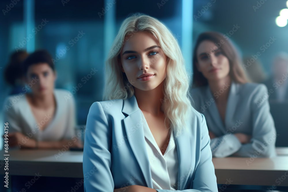 Portrait of businesswoman smiling sitting with group of people in meeting room office