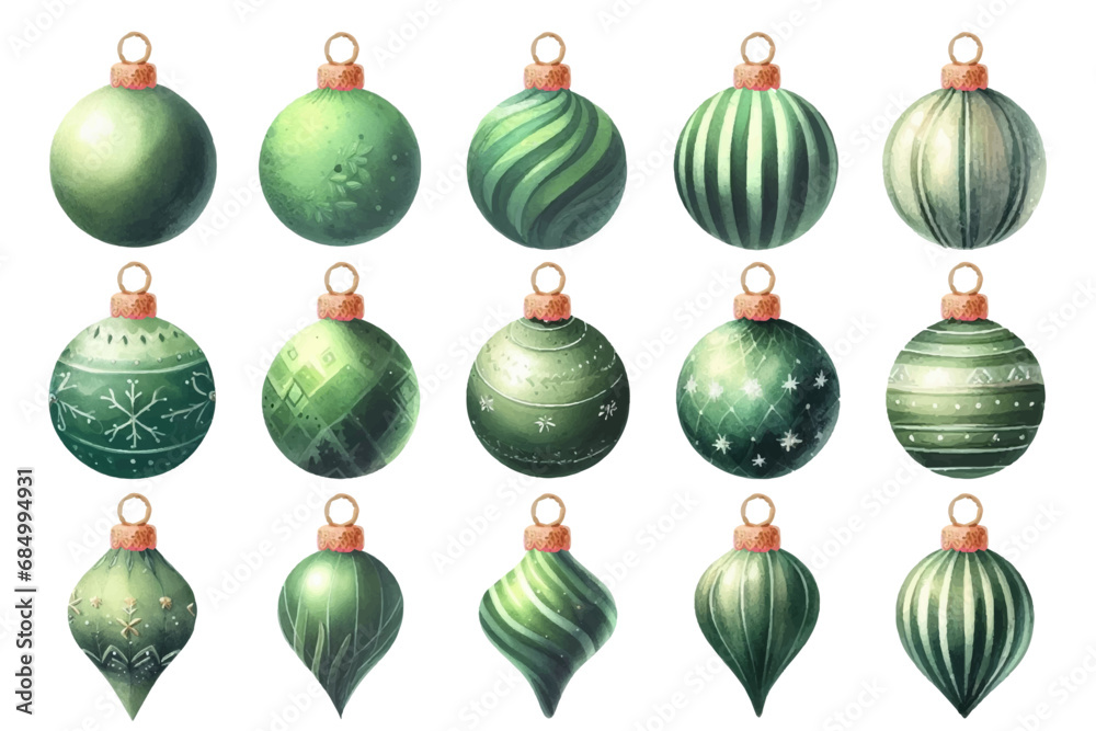 緑のクリスマスオーナメントの水彩イラストの素材セット 緑のクリスマスオーナメントの水彩イラストの素材セット