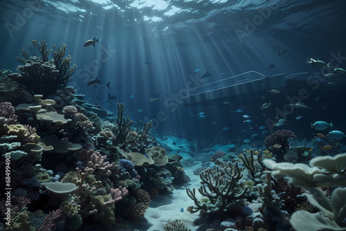 unterwasserwelt Korallenriff kleine fischschwärme lichtbrechungung wasseroberfläche sonnenstrehlen