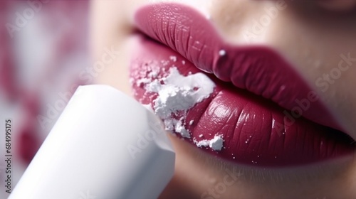 A close-up shot of a makeup wipe gently removing lipstick stains from a white surface,