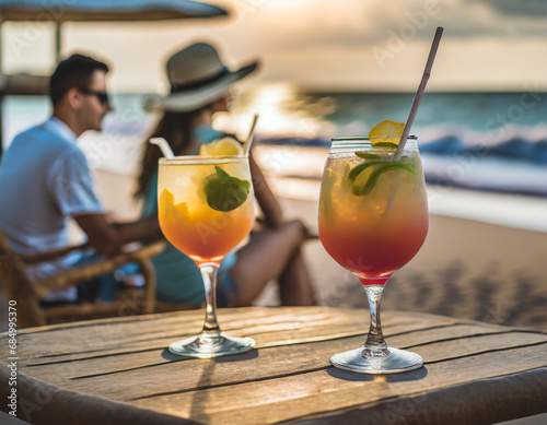 Tropical cocktails with straws against a seaside backdrop