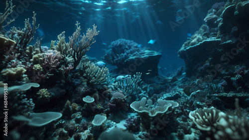 unterwasserwelt Korallenriff kleine fischschwärme lichtbrechungung wasseroberfläche sonnenstrehlen