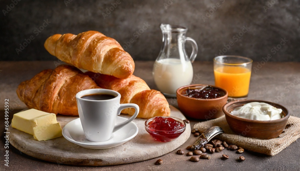Cup Hot coffee and croissants on a dark retro background Cup Hot coffee and croissants on a dark retro background