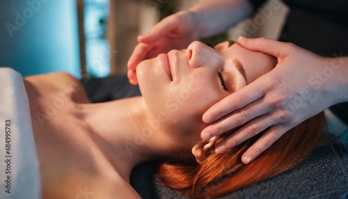 Close-up of the face of young woman lying on her back  receiving a face-lifting massage 