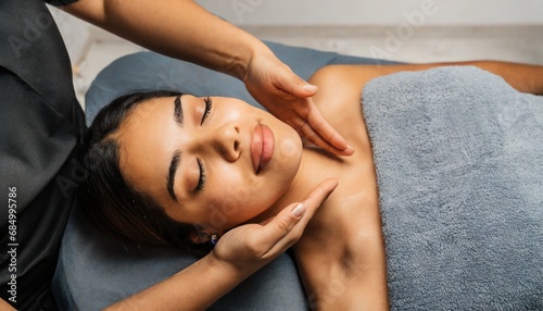 Close-up of the face of young woman lying on her back, receiving a face-lifting massage 