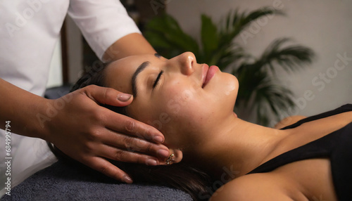 Close-up of the face of young woman lying on her back, receiving a face-lifting massage 