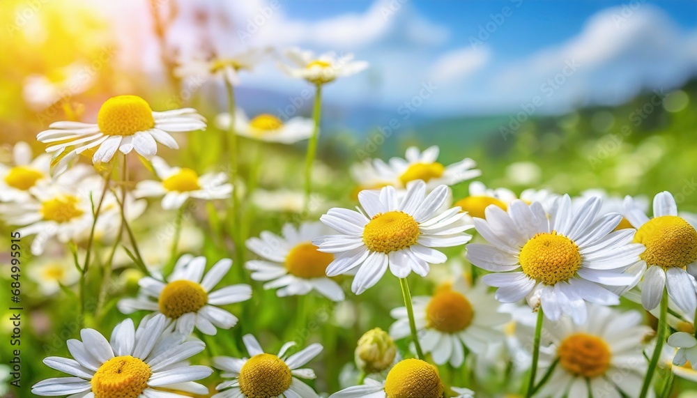 Fototapeta premium Bright summer landscape with beautiful camomiles wildflowers 