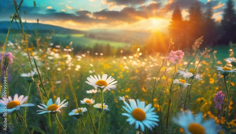 Bright summer landscape with beautiful camomiles wildflowers 