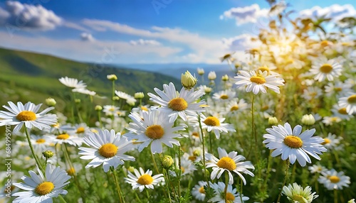 Bright summer landscape with beautiful camomiles wildflowers 