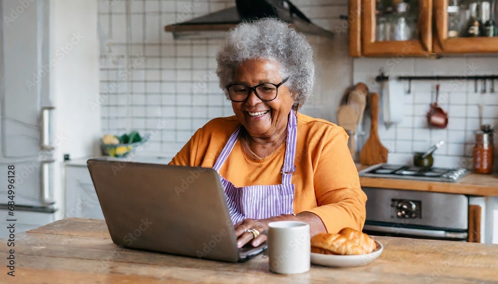old grandmother happy smile uses her laptop in the kitchen to make video calls with friends old grandmother happy smile uses her laptop in the kitchen to make video calls with friends