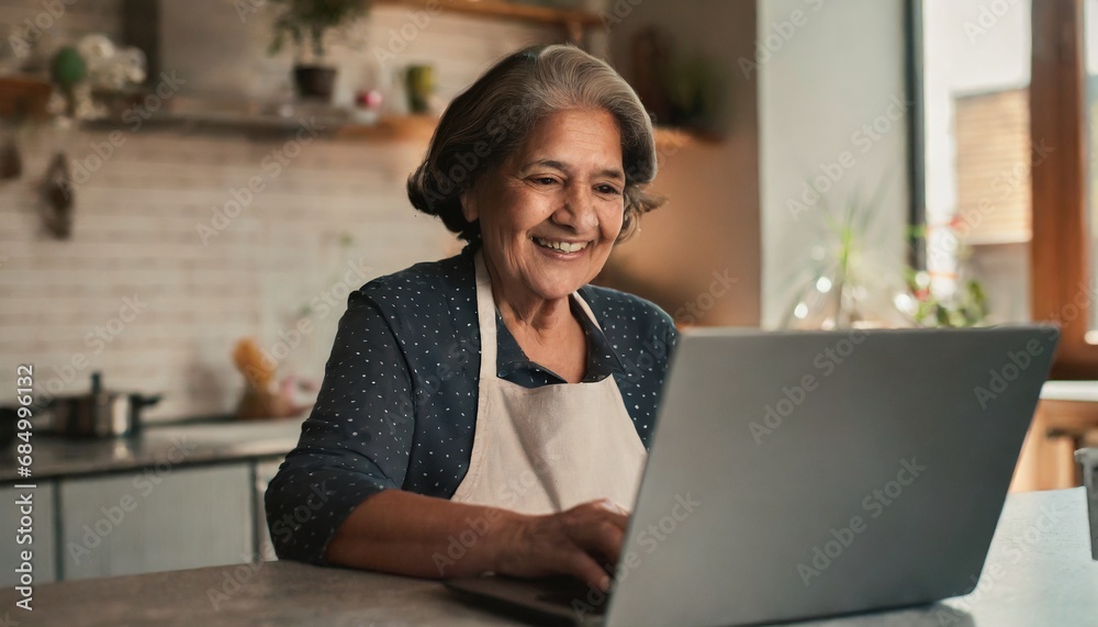 old grandmother happy smile uses her laptop in the kitchen to make video calls with friends old grandmother happy smile uses her laptop in the kitchen to make video calls with friends
