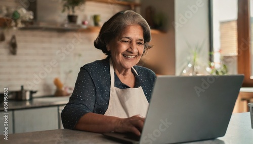 old grandmother happy smile uses her laptop in the kitchen to make video calls with friends 