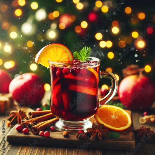 Christmas mulled wine with apple, cranberry, orange, spices and chocolate on a wooden table