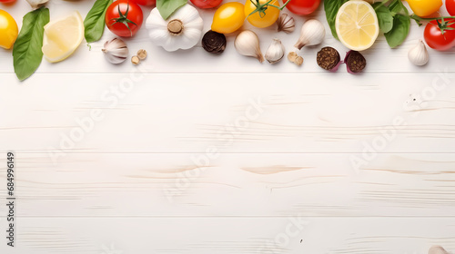 Healthy food ingredients composition with fresh cherry tomatoes, herbs, garlic cloves, lemon wedges and spoon on white wooden rustic background, overhead shot with copy space, long banner